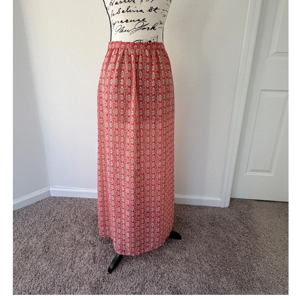 Skies Are Blue Red Boho Ikat Print Maxi‎ Skirt with High Slit Small 50489